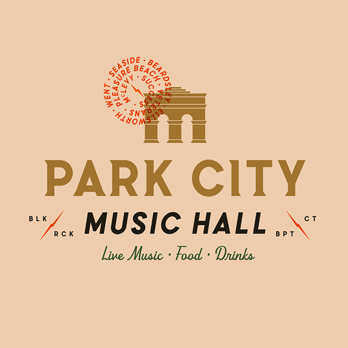 The logo for Park City Music Hall. It shows the Seaside Park Arches, a stampmark. Live Music, food, and drinks. 