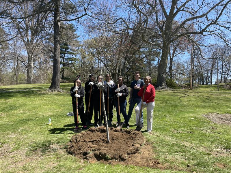 Six community members with the Sustainability Manager, with gloves and shovels, standing behind their newly planted tree in Beardsley Park on a sunny day