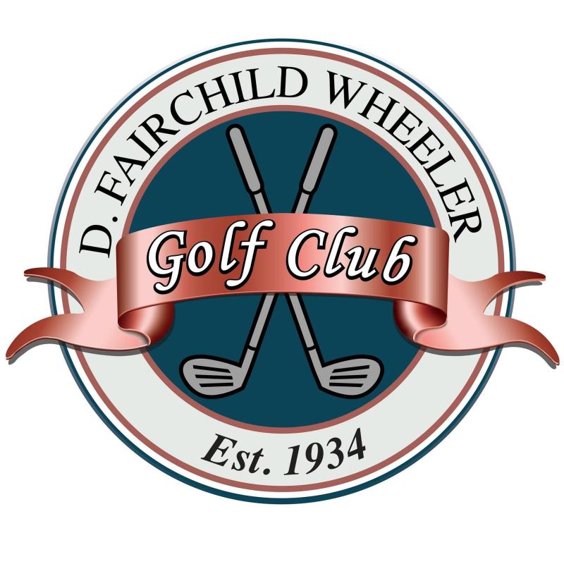 The logo for the Fairchild Wheeler Golf Course. It depicts a formal seal with crossed golf clubs, a red sash across the image stating "golf club". Established 1934. 