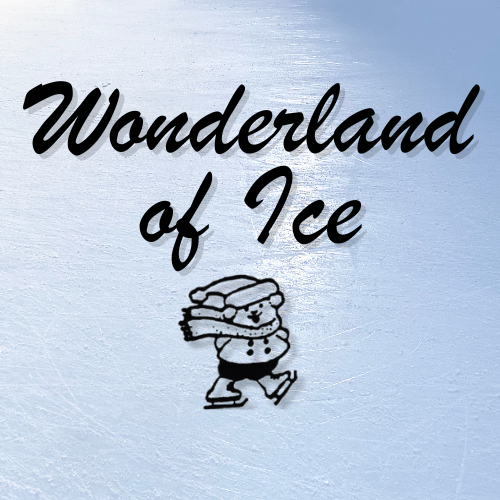 A logo for the Wonderland of Ice skate rink and sports facility. It depicts a cartoonish person skating in winter clothes. 