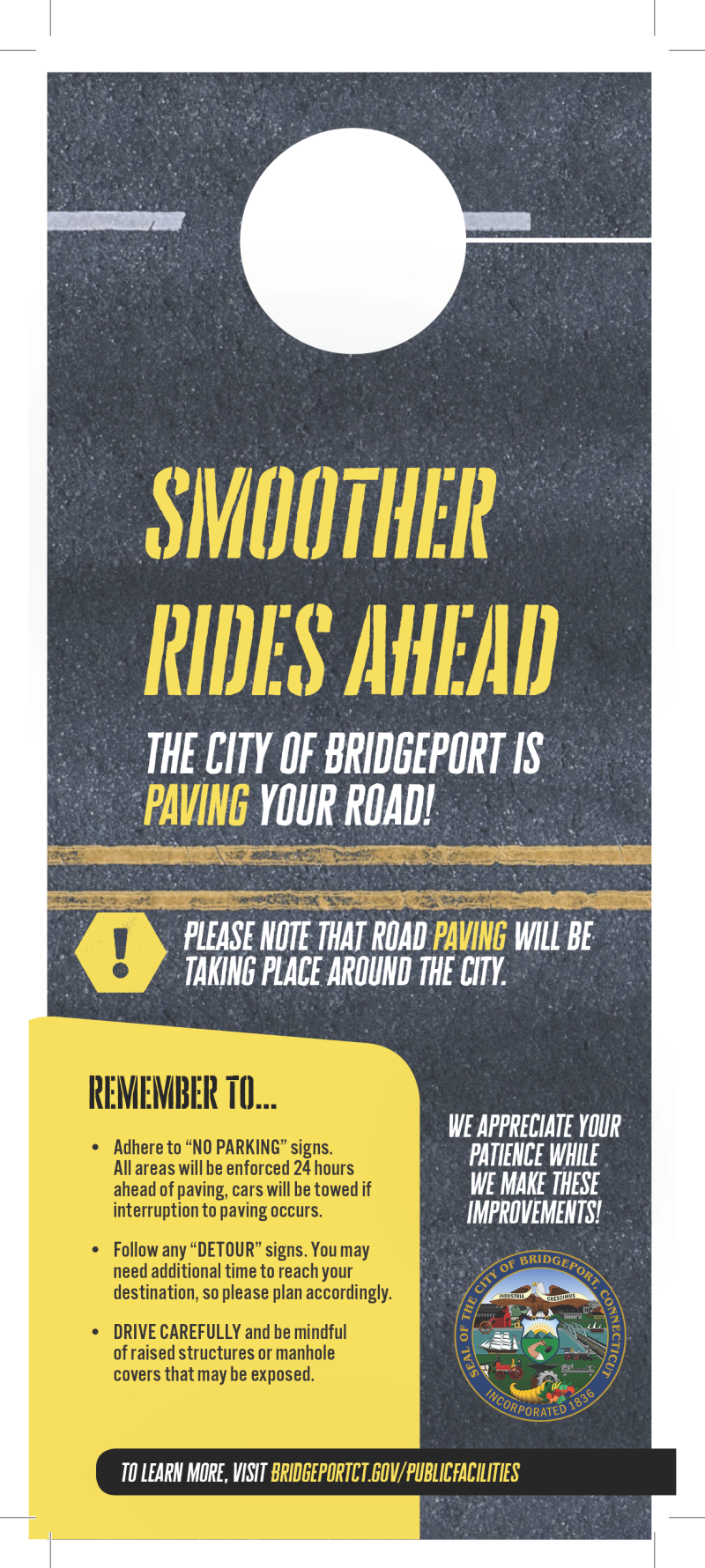 The City of Bridgeport's Smooth Rides Ahead door hanger, alerting residents to the milling & Paving and directing them to the City website for real-time information.