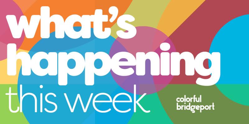 A title card of the downtown special services district's "What is Happening" weekly newsletter. It depicts colorful shapes in a collage. 