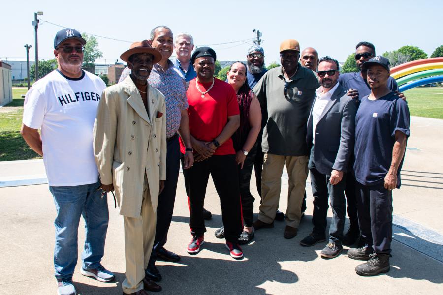 Photo of Bridgeport City Council members, members from Inframark, East End NRZ president, Park Commissioners, and Mayor Ganim at Newfield Park for a press conference discussing Newfield Park improvements