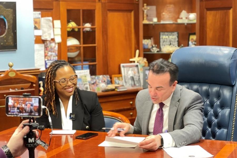 Photo of City Attorney, Tyisha S. Toms, and Mayor Ganim sitting inside of Mayor Ganim's office