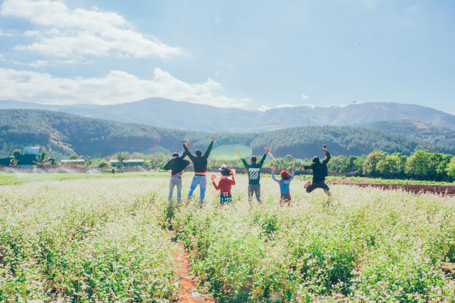 Six kids jumping in a sunny field with mountains in the background