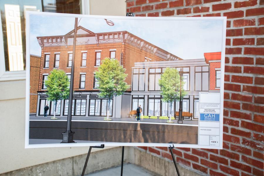 A photo of the rendering for the restoration of 464 and 484 East Main Street