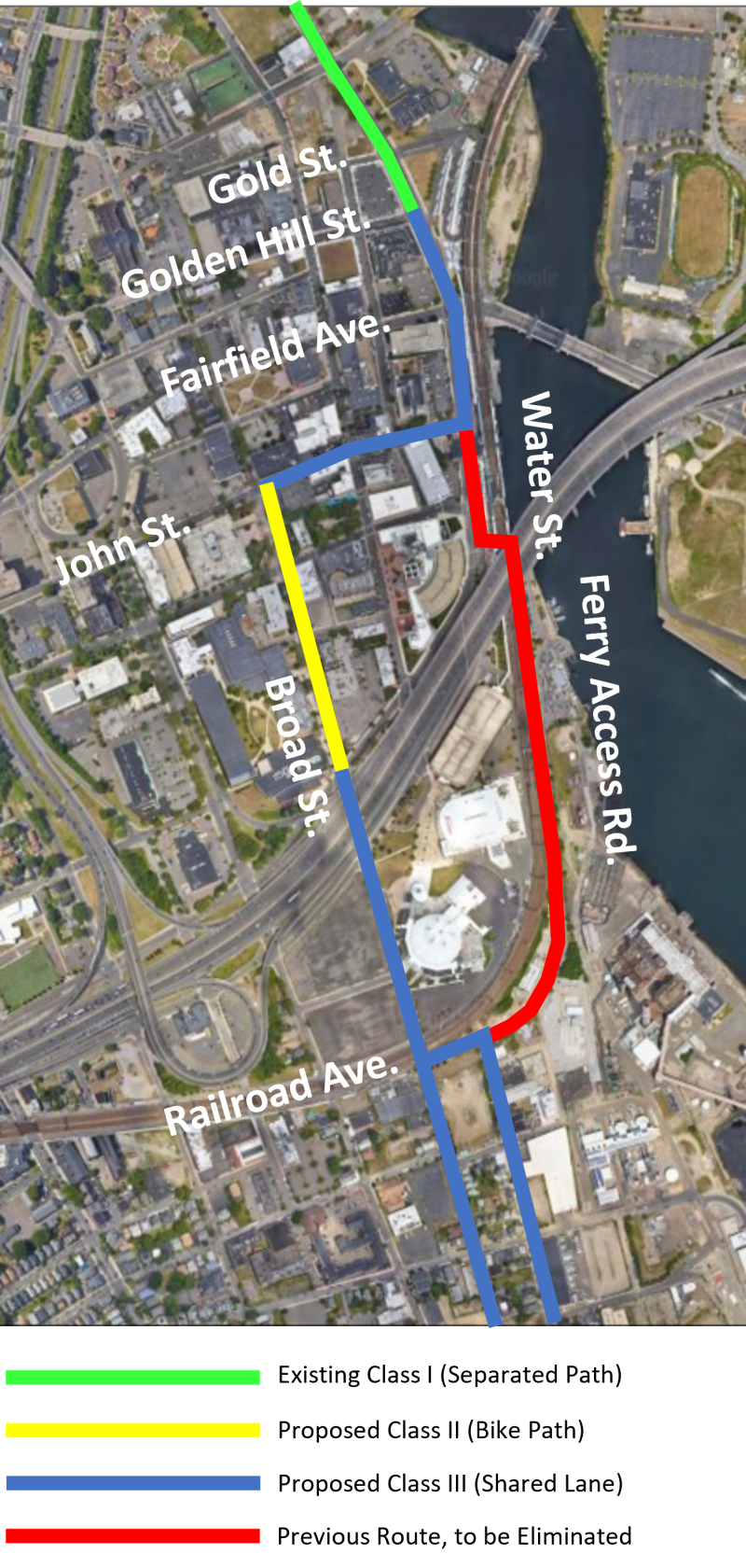 A map of Bridgeport's Pequonnock River Trail from Golden Hill Street to Railroad Avenue displaying the street classes associated. 