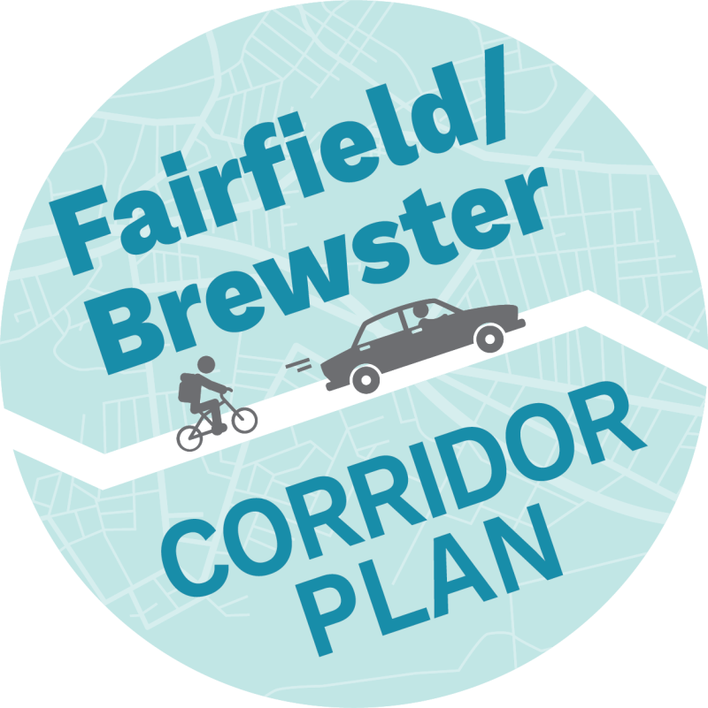 The Logo for the Fairfield/ Brewster Corridor Plan. It depicts a cyclist and a car sharing a road amongst a network of streets. 
