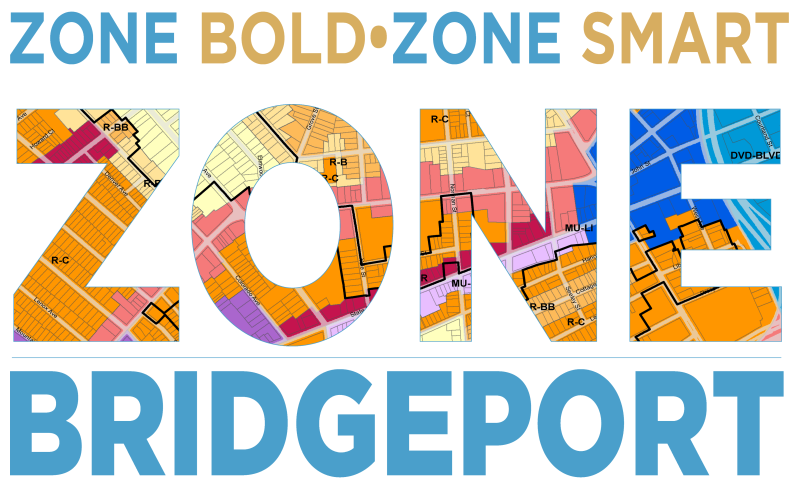 The Logo for ZONE Bridgeport. The Comprehensive document that holds the updated Zoning Code as of 2019. 