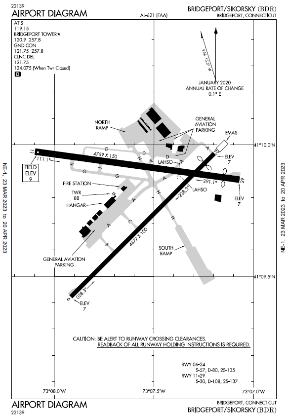 This image depicts a general layout of the Bridgeport-Sikorsky Airport runway and taxiway system. 