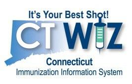 "It's your best shot" on top of Connecticut State outline with CT WIZ over it. Below "Connecticut Immunization information system" 