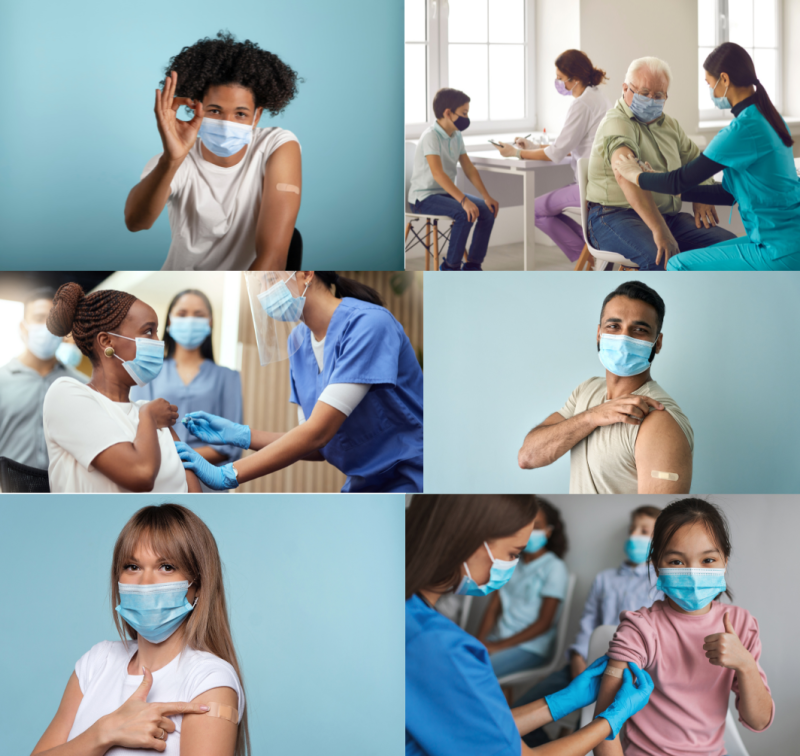 Collage of all ages and ethnicities after getting their COVID-19 vaccines, wearing a bandage on their arms and a face mask. 