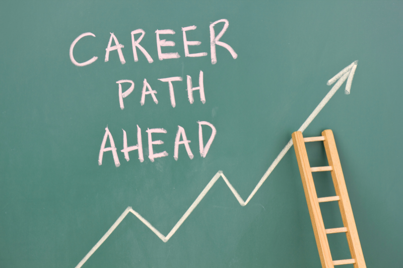 "Career Path Ahead" written in chalk on a green chalk board with an arrow going up and a ladder on the side
