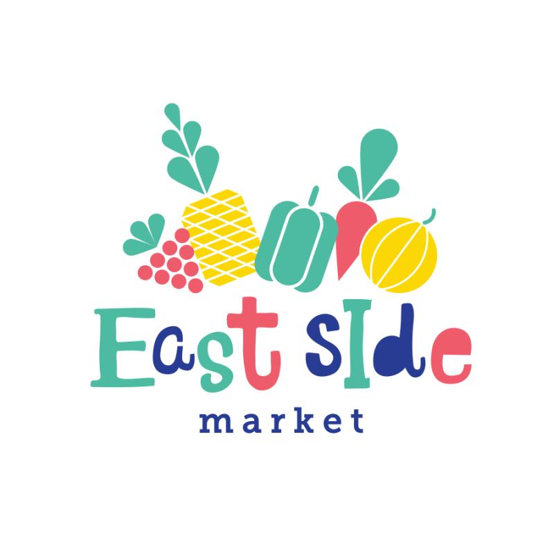 "East Side market" in colorful test with fruit and vegetables on top 