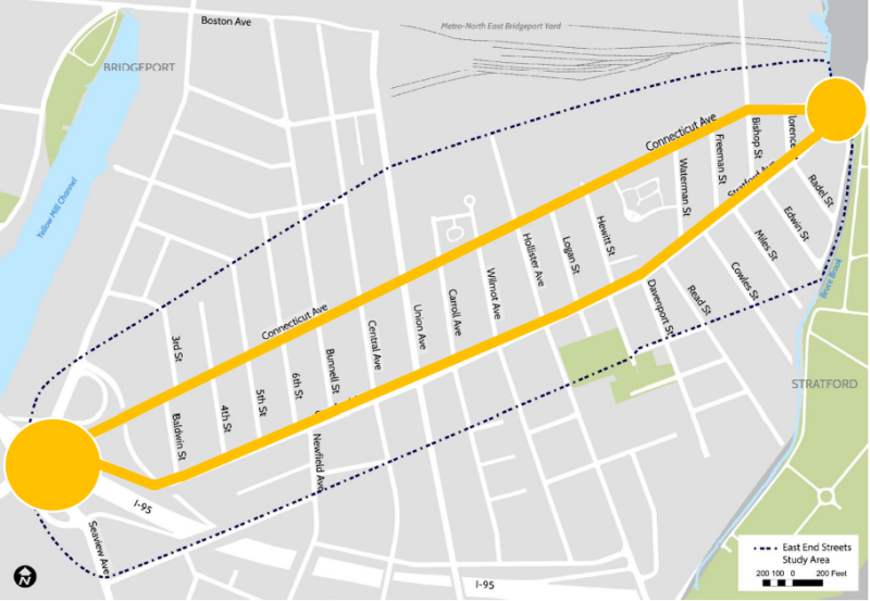 A map of the East End Streets Study. It shows a boundary around Connecticut Ave, Stratford Ave, and it's subsidiary streets. 