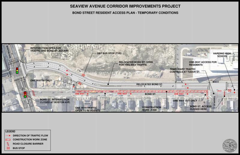 Image of Seaview Avenue Corridor Improvements Project map, detailing closure and relocation of Bond Street in Bridgeport, CT