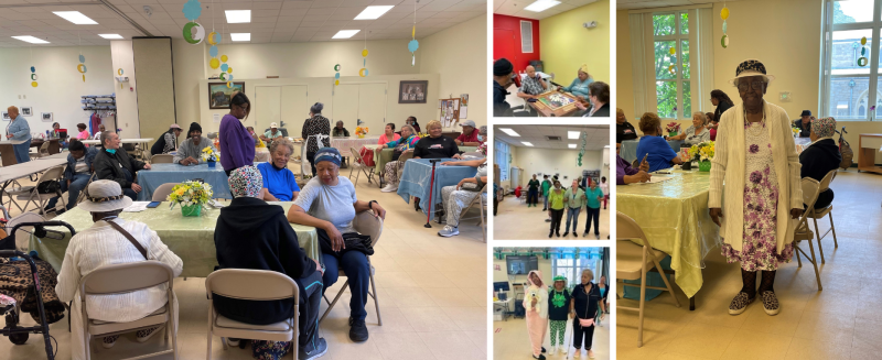 5 different pictures of events at the senior centers. Including everyone dressed up for mothers day, playing a board game, and dressed up in green for St. Patricks day 