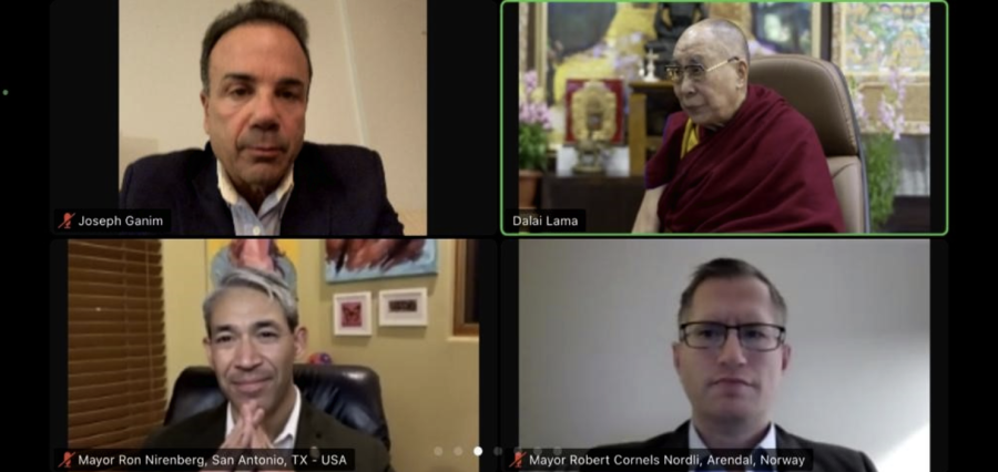 A zoom meeting screenshot featuring the Dalai Lama, Mayor Ganim, and two other Mayors