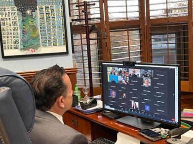 Photo of Mayor Ganim in his office on a zoom call for the United States Conference of Mayors Conversation with the U.S. Secretary of Education